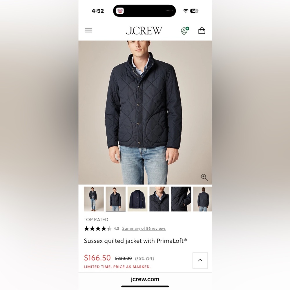 J. Crew Men's Sussex Quilted Jacket - Dark Blue - Picture 5 of 5
